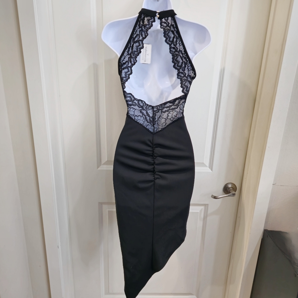 NEW Windsor Black Drop Waist Dress Asymmetrical Wrap Midi Skirt Open Back - Picture 4 of 17